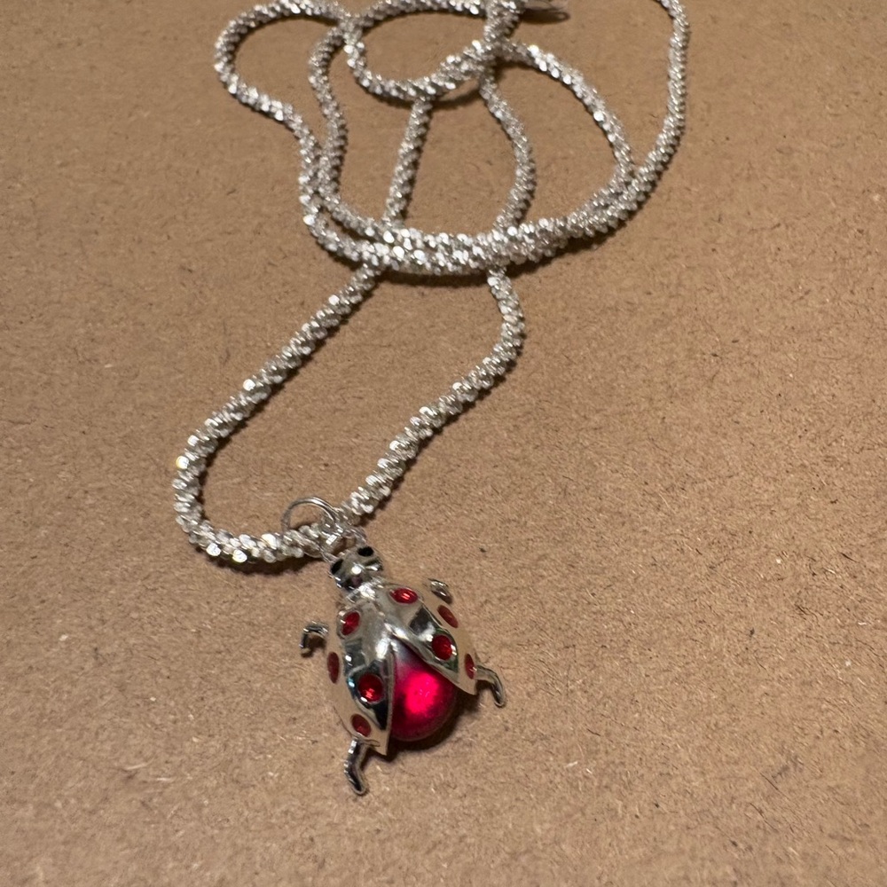 12” 925 Silver Ladybug Necklace Made in Italy Charm Glows Red In Sunlight